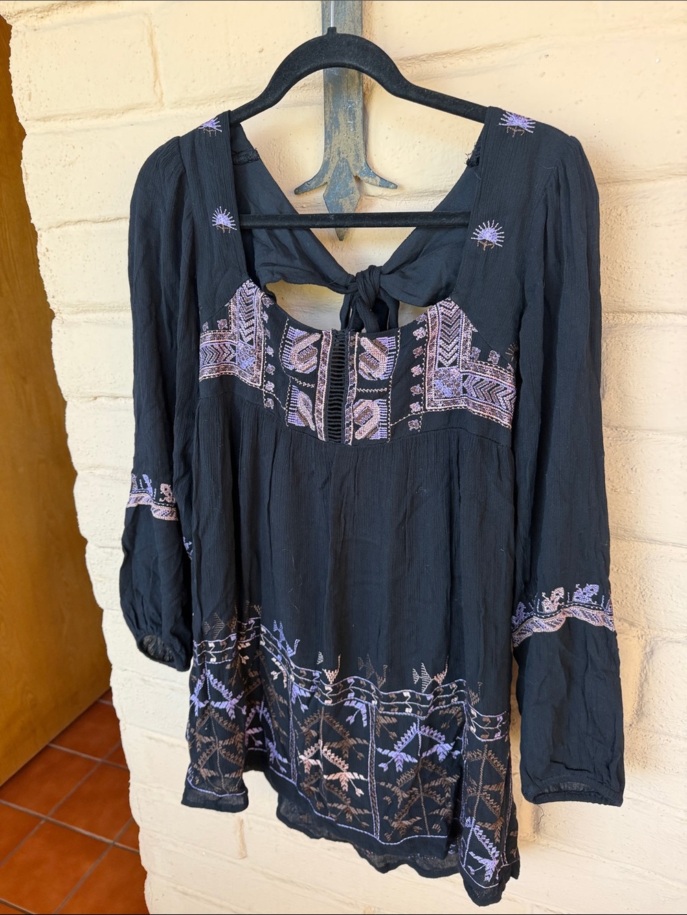 Free People Black Tunic with Lavender Embroidery